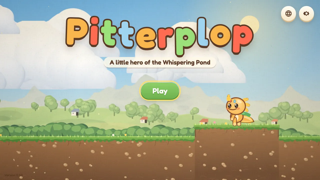 Pitterplop title screen: Gilby the axolotl on a sunny meadow